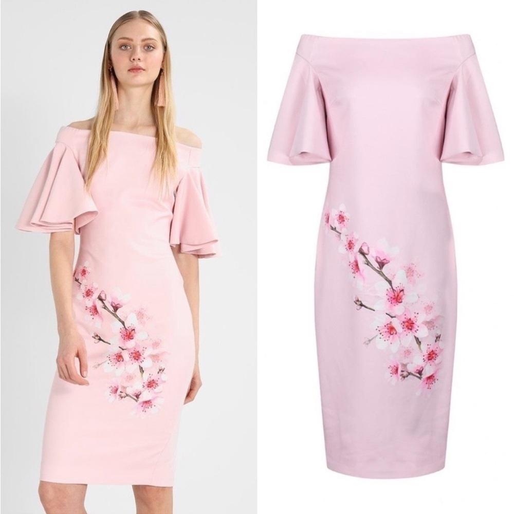 Ted Baker London Light Pink Floral Off-Shoulder Midi Dress